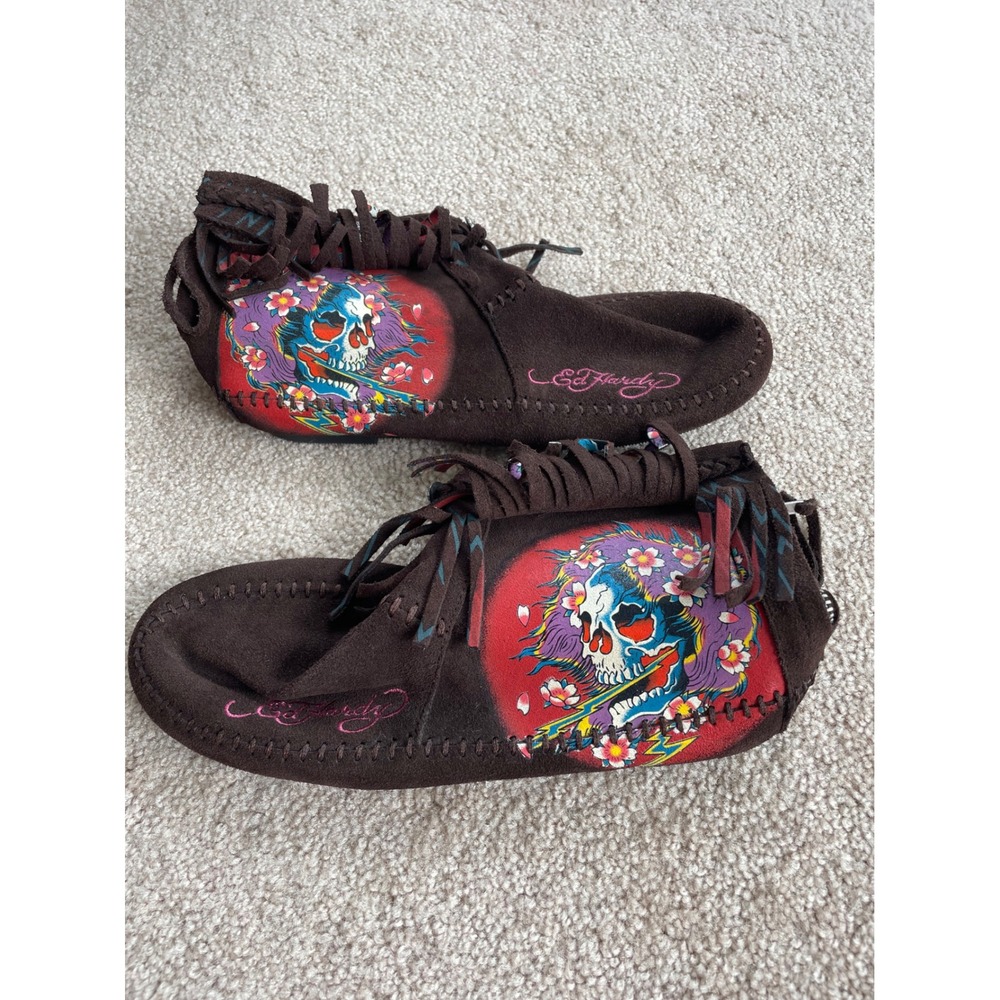 Y2K ED HARDY Moccasin Brown Suede Boots Skull Design Fringe Rear Zip 7.5 NWOT